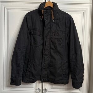 QS by s.Oliver Chore Jacket Mens Size Medium Navy Coated Cotton Pockets Hood VTG